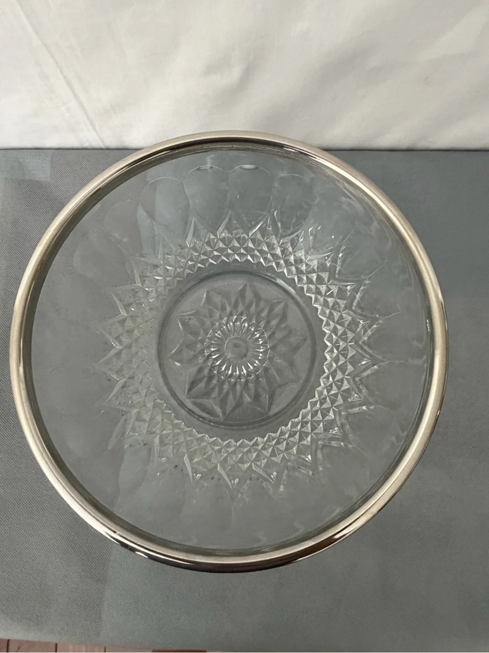 Crystal Glass Bowl with Silver Rim Cut Glass Vintage (F244)